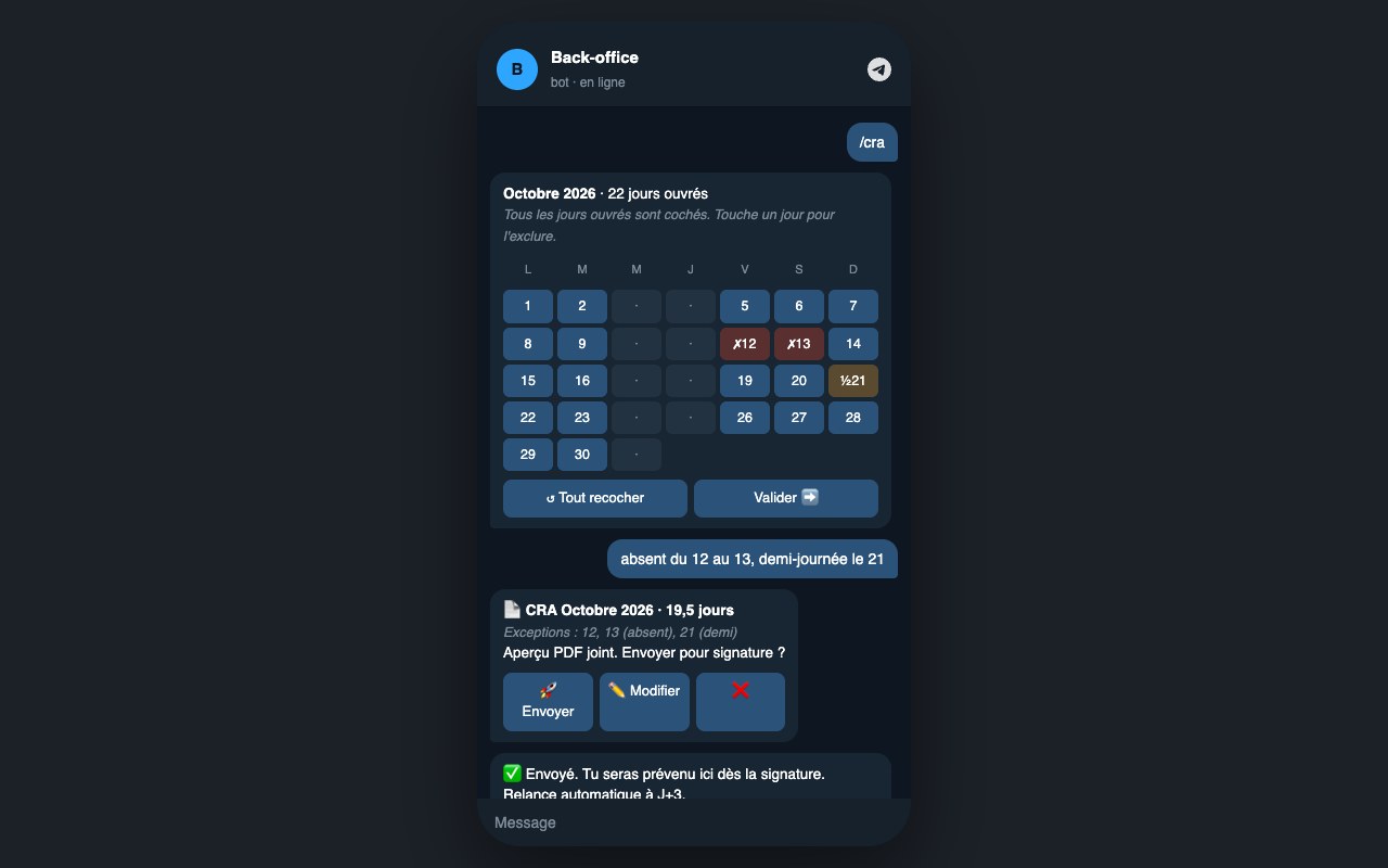 Maquette de la conversation avec le bot : calendrier du mois, absences saisies en français, aperçu et envoi pour signature