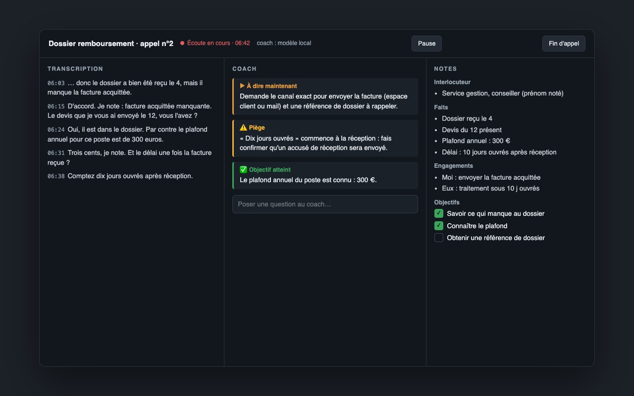 Maquette de l'assistant d'appel : transcription en direct, conseils du coach, notes structurées