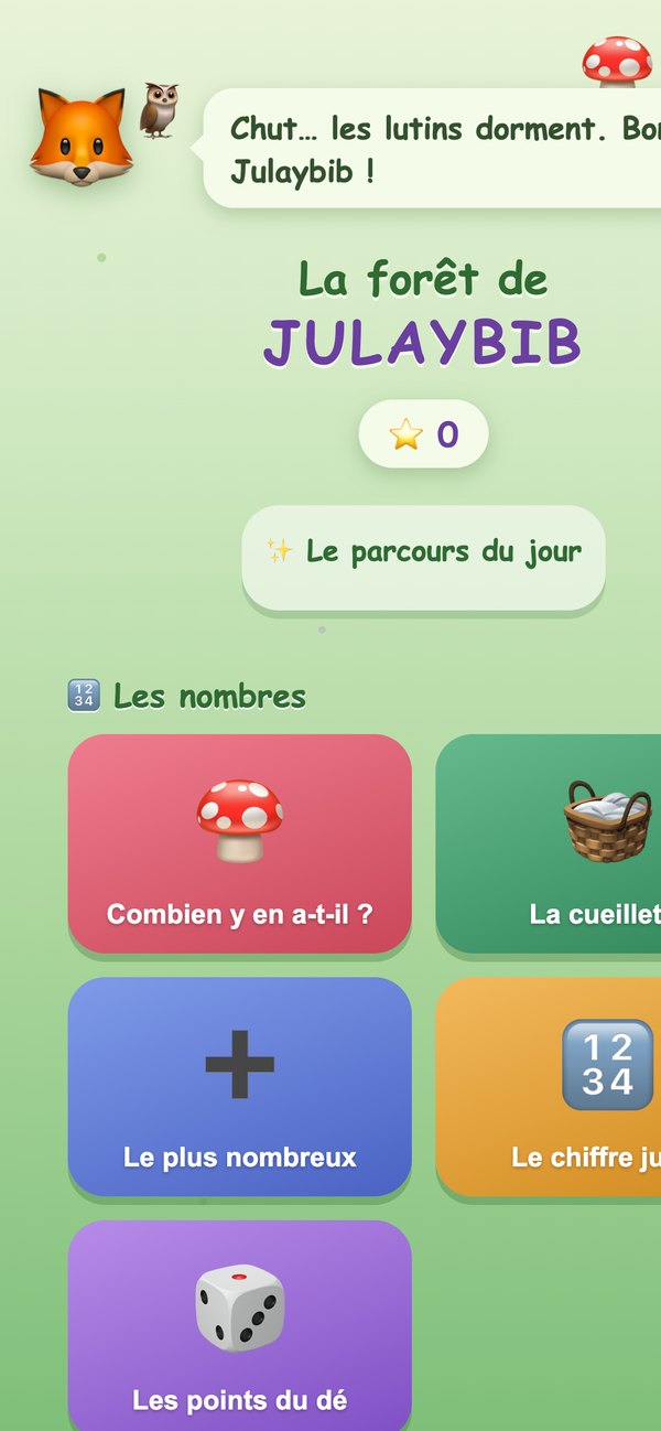 Accueil : Filou le renard, le parcours du jour et les familles de jeux