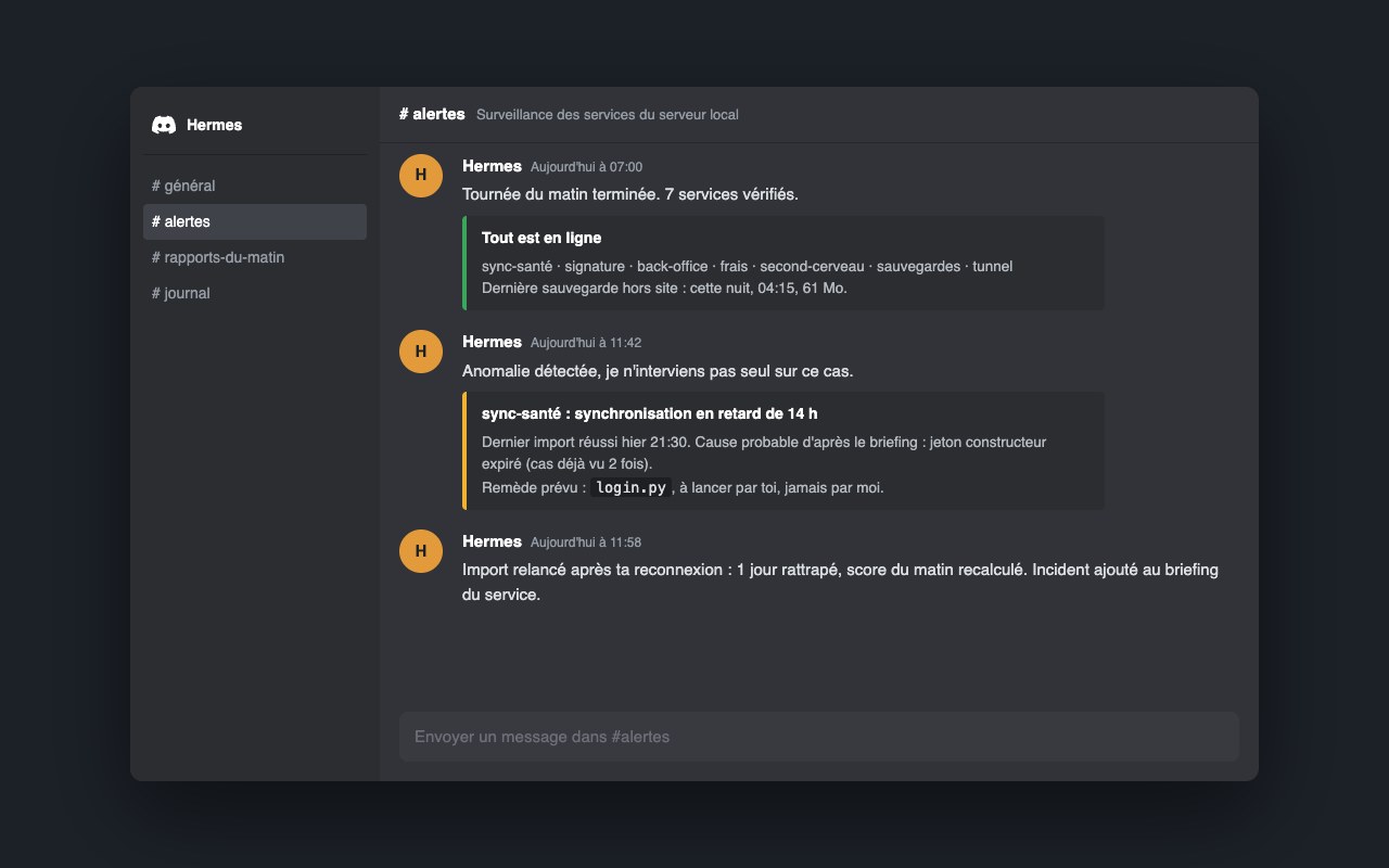 Maquette d'un canal Discord où Hermes rend compte de sa tournée et signale une anomalie