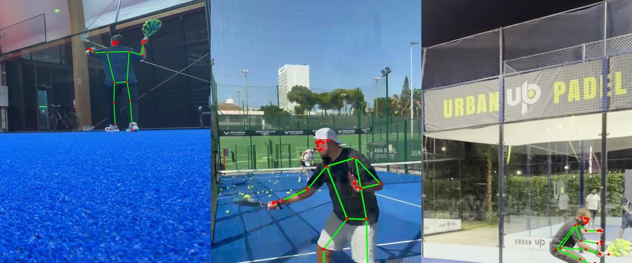 Trois séances de padel analysées par le modèle, squelette du joueur détecté sur chaque image