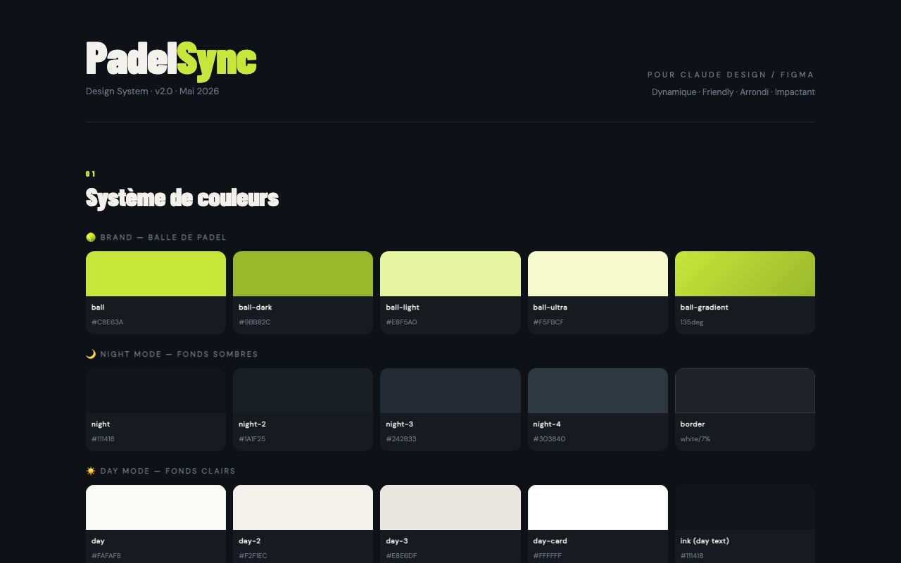 Système de design de Padel Sync : palette de marque autour du vert-jaune de la balle, fonds sombres et clairs, sémantiques
