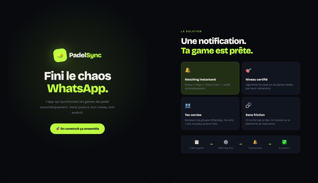 Deux écrans du pitch : la couverture « Fini le chaos WhatsApp » et la solution en quatre briques, matching instantané, niveau certifié, cercles, sans friction