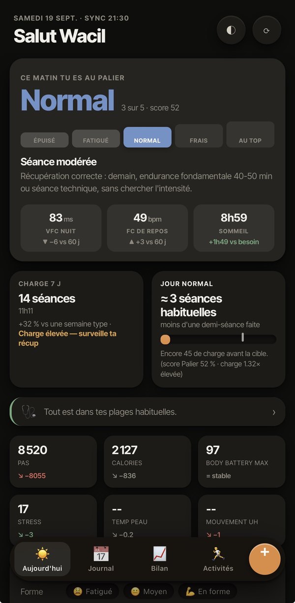 Écran du matin : le palier de récupération, la consigne du coach, VFC, fréquence de repos et sommeil comparés à ma baseline