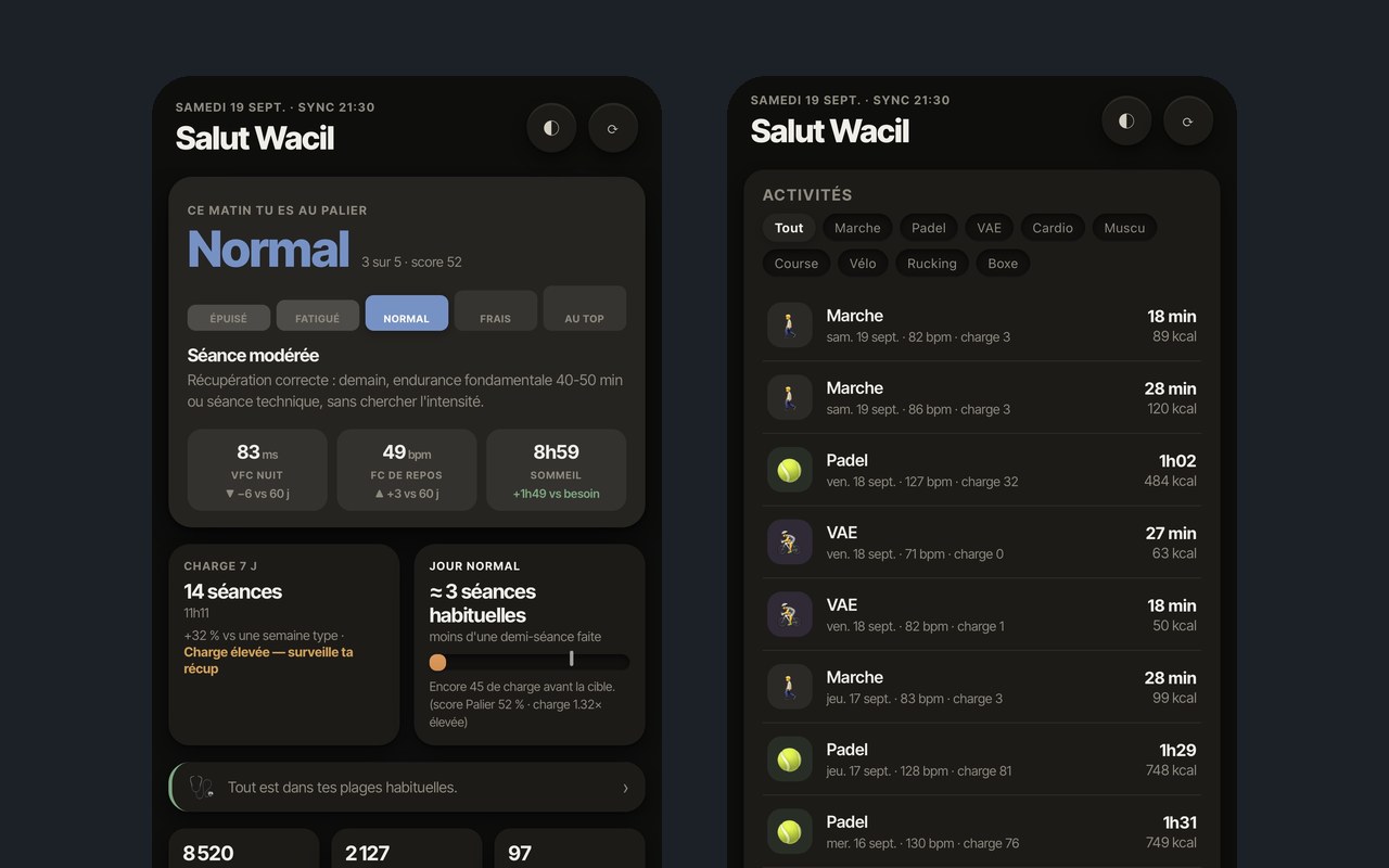 Palier sur iPhone, écran du matin avec le palier de récupération et la liste des activités
