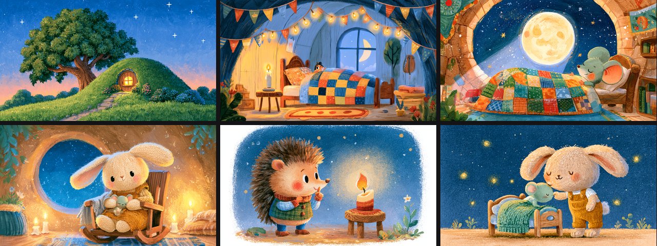 Six images clés d'une comptine animée, générées puis validées avant animation, dans un style peint cohérent d'un plan à l'autre