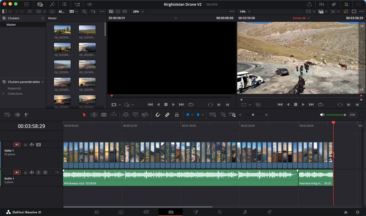 DaVinci Resolve après le passage du script : une timeline de 53 plans de drone posés bout à bout, deux musiques calées, prête au rendu